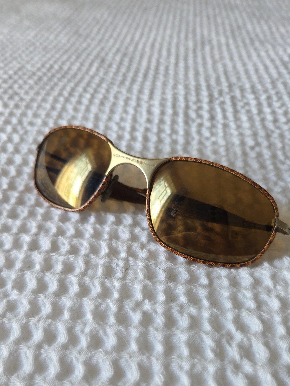 Vintage Oakley Square Wire Leather Wrap Gold-Tone Lenses